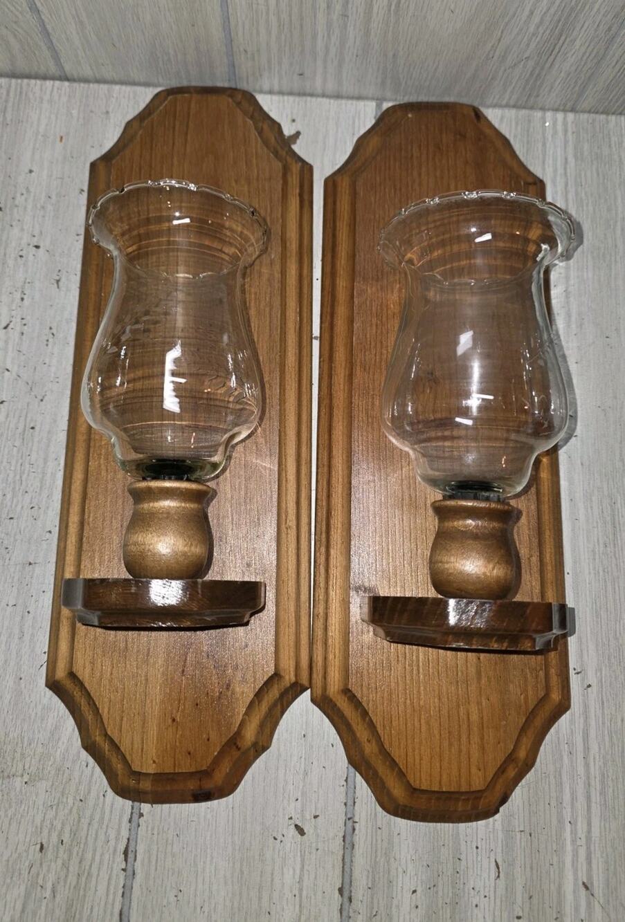 Vtg Wooden Wall Sconce Clear Floral Glass Votive Candle Holder Cabin Decor